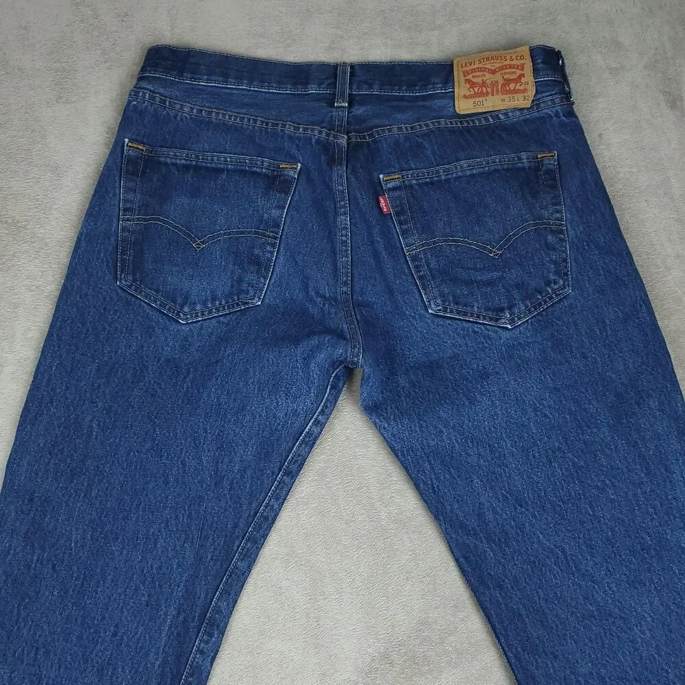 Levis 501 Jeans Mens 35x32 Blue Medium Wash Straight Button Fly Denim Waterless